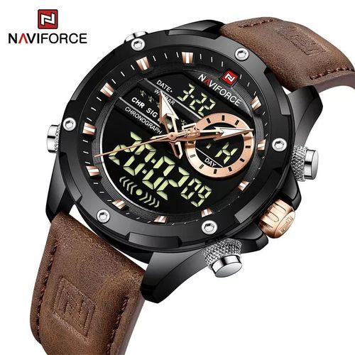 Naviforce NF9208 brown strap leather fashion Analog/Digital